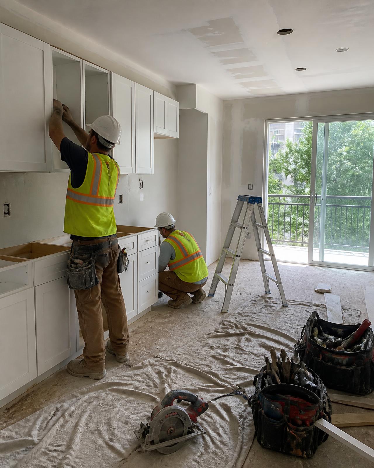 Multi-family apartment renovation in progress with construction crews and modern kitchen install