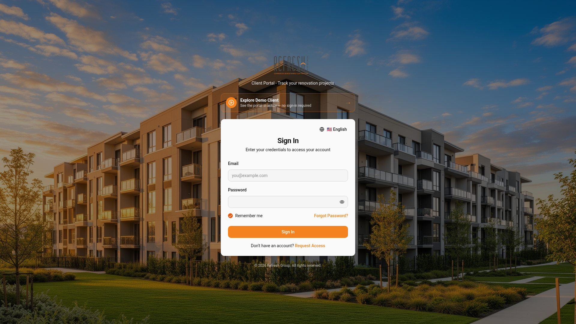 Preview of portal.refreshcm.com client login page showing the Sign In experience and Explore Demo Client option